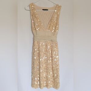 BCBGMaxAzria Small Beige Sequin Midi Dress V-neck Celebration Silk Belt